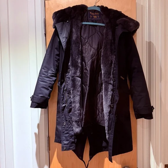 WOOLRICH Women’s Parka XS - Black Literary Rex Coat With Rabbit Fur Hood & Trim - Picture 5 of 10
